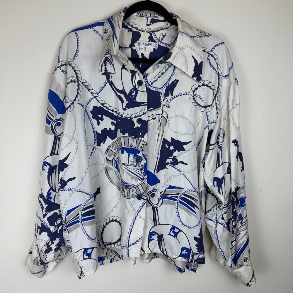 Vintage CELINE Paris Silk Nautical Graphic Logo Blouse size 44